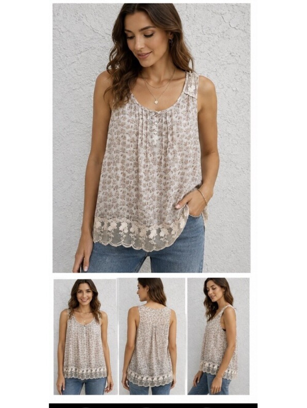 Cynthia Women’s L Beige Floral Lace Sleeveless Blouse Top Pintuck Boho Flowy